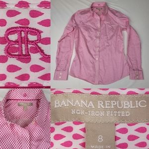 8 NO IRON BANANA REPUBLIC pink white button stretch TRAVEL SHIRT TOP medium